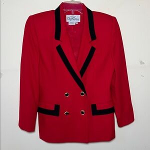 Vintage Oleg Cassini Size 6P Double Breasted Red Women’s Blazer Black Accents